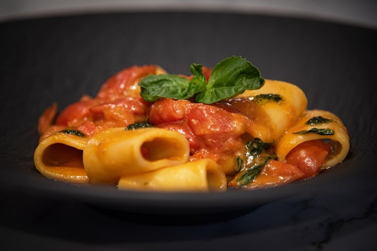 Close-up of tomato basil pasta in a black bowl, perfect for a tasty dinner.